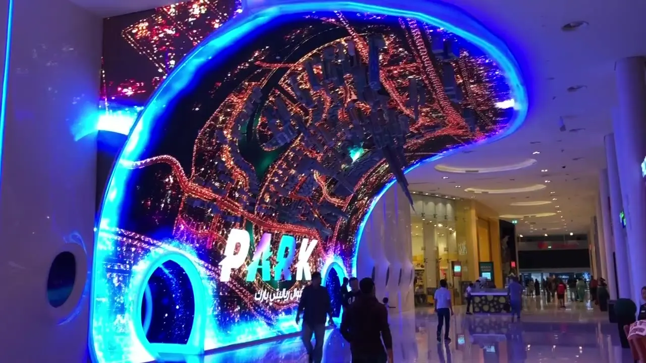 Curved LED entrance at VR Park Dubai, a DigiComm signage installation